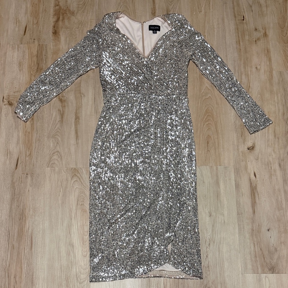 Xscape Sparkling Silver Long Sleeve Dress